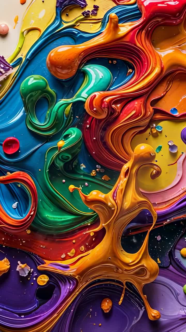 Vertical video: Playback starting showing paint swirls with flecks on art palette, showcasing hues