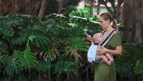 A-young-mother-is-on-a-journey-with-her-baby-in-a-kangaroo-backpack.-She-uses-her-mobile-phone-to-take-pictures,-occasionally-looking-at-the-screen-as-they-stroll