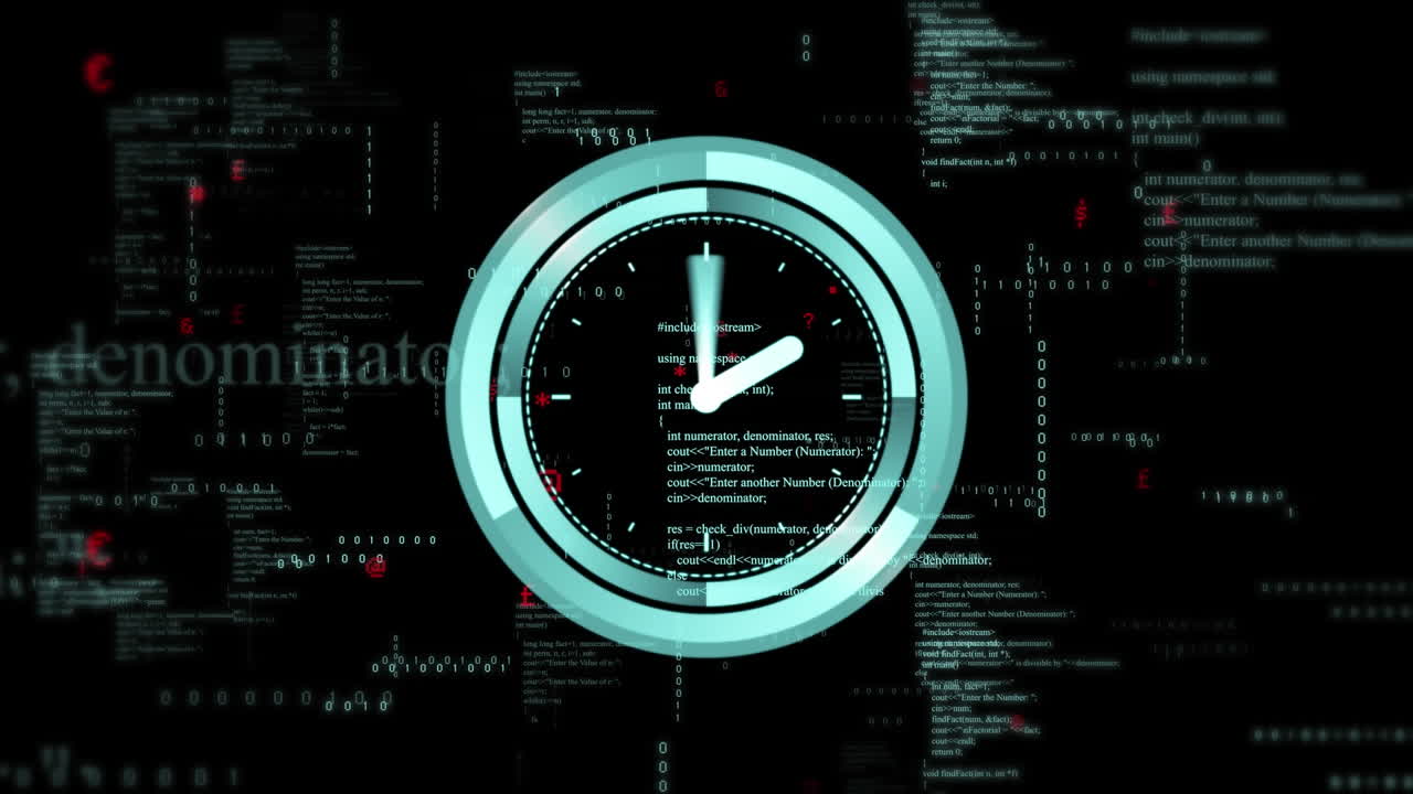 Animation of data processing and clock ticking over dark background