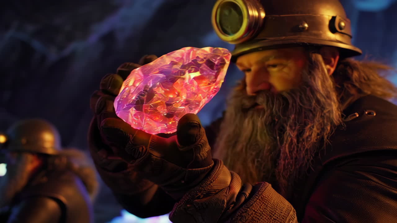 A miner holds a glowing crystal