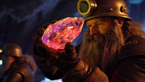 a miner holds a glowing crystal