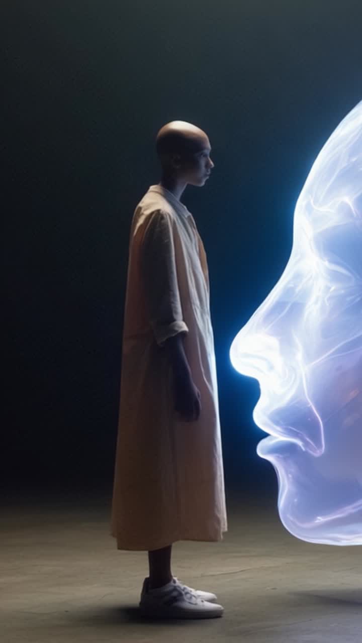 Uma figura contemplativa está diante de um rosto holográfico luminoso, explorando a intersecção entre humanidade e tecnologia, em uma experiência visual hipnotizante