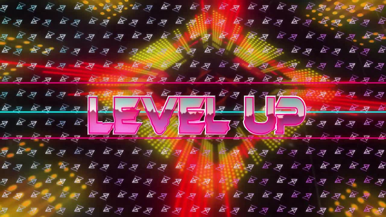 Scritta stilizzata "LEVEL UP" animata su una griglia retrò, con barre al neon e icone a freccia.
