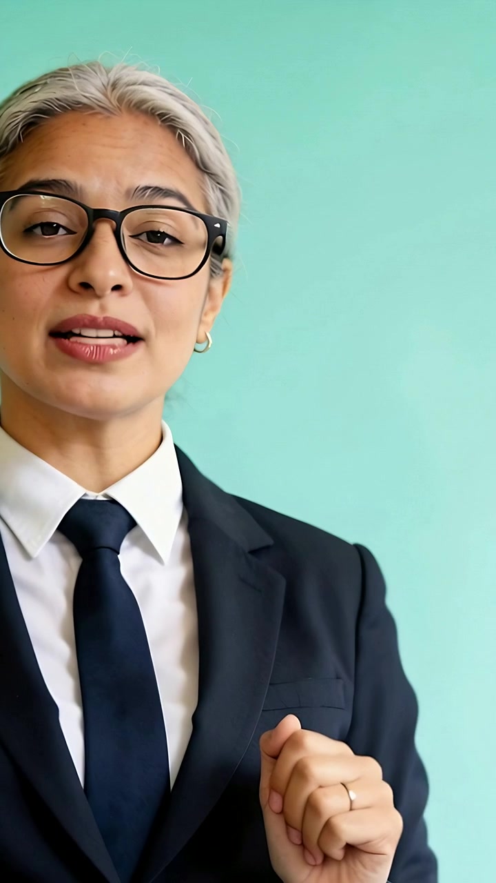 Vertical video: Recording host gesturing while talking at teal wall, navy suit, glasses, copy space