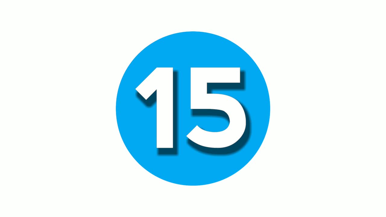 Number 15 fifteen sign symbol animation motion graphics on blue circle white background,cartoon video number for video elements
