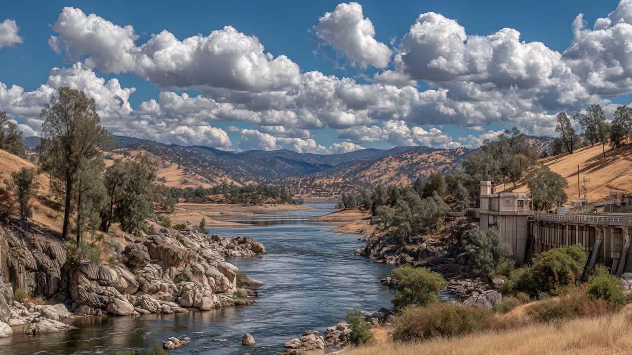 A Serene River Landscape Surrounded by Rolling Hills and Fluffy Clouds, Showcasing the Beauty of Nature in Tranquil Harmony