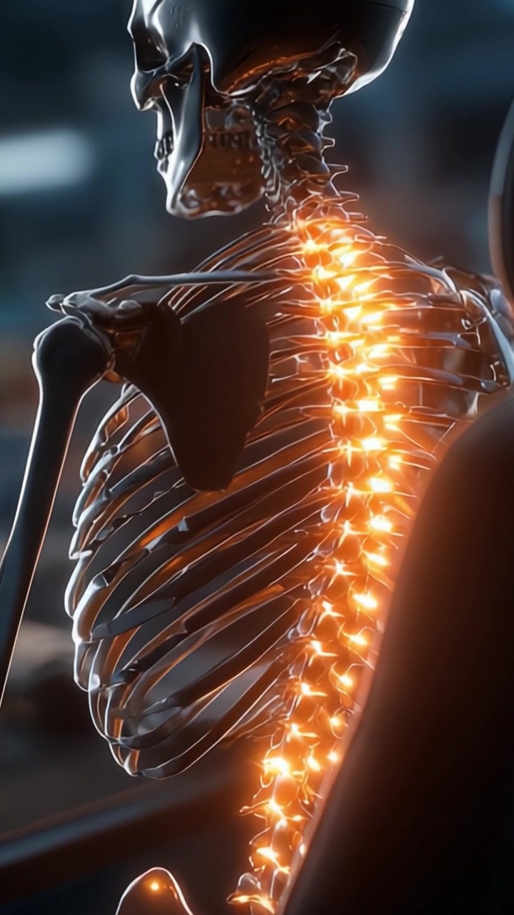 Anatomical Representation of a Human Skeleton Highlighting a Glowing Spine, Illustrating the Complexity and Structure of the Human Body