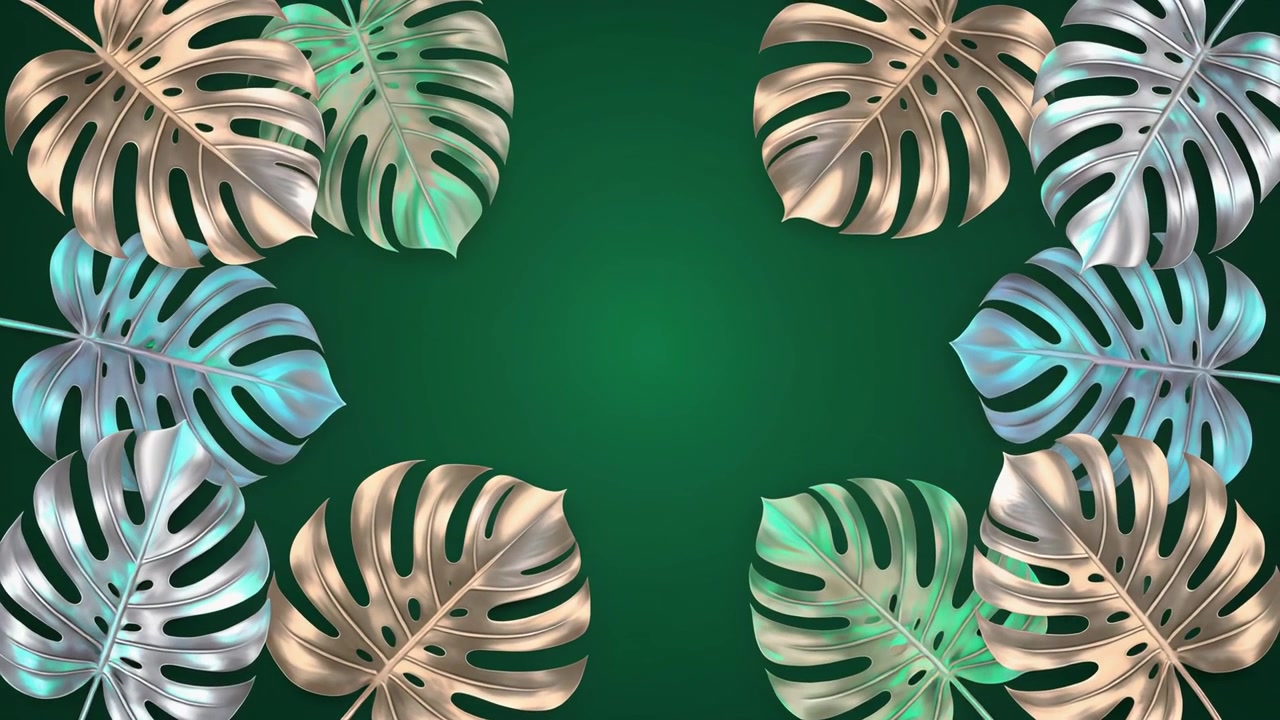 Animated Metallic Monstera Leaves on Dark Green Background