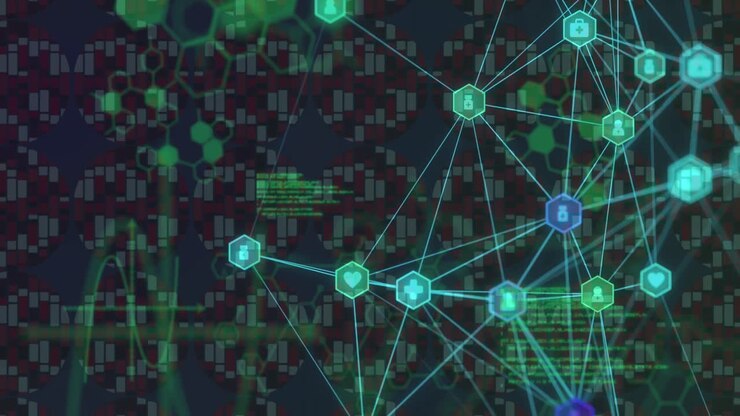 Globe of digital icons and medical data processing against blue background
