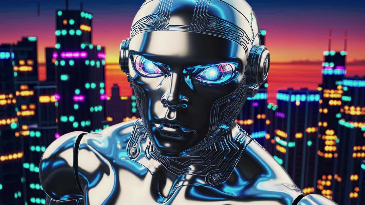 una cara de robot en una ciudad futurista