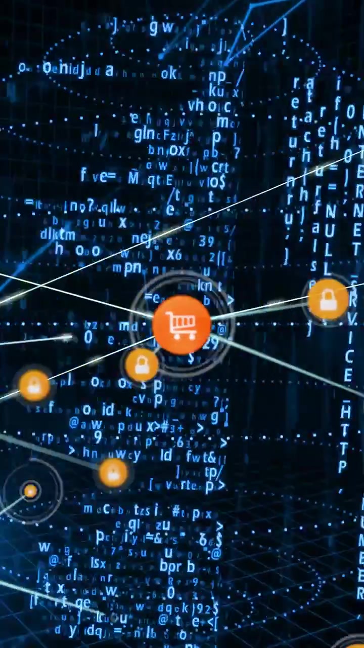 Central cart icon emerging from core, emitting lines and spawning lock nodes securing retail grid