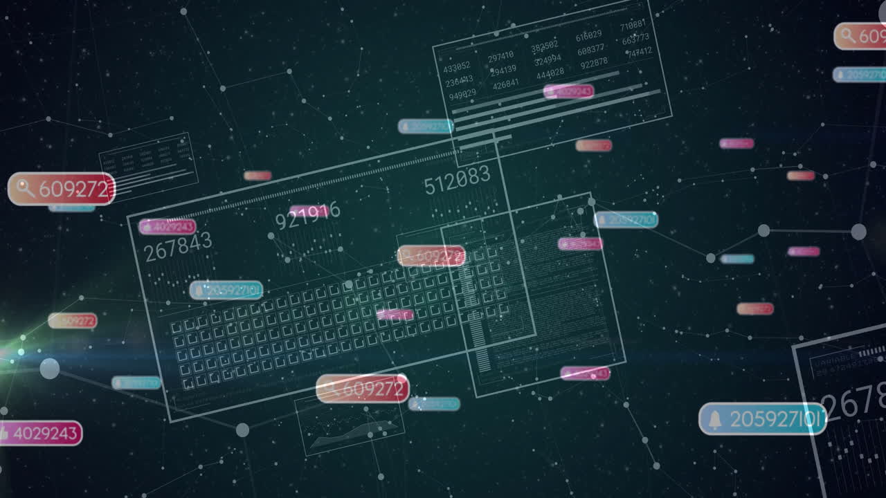 Floating numbers and digital animation with keyboard schematics over starry background
