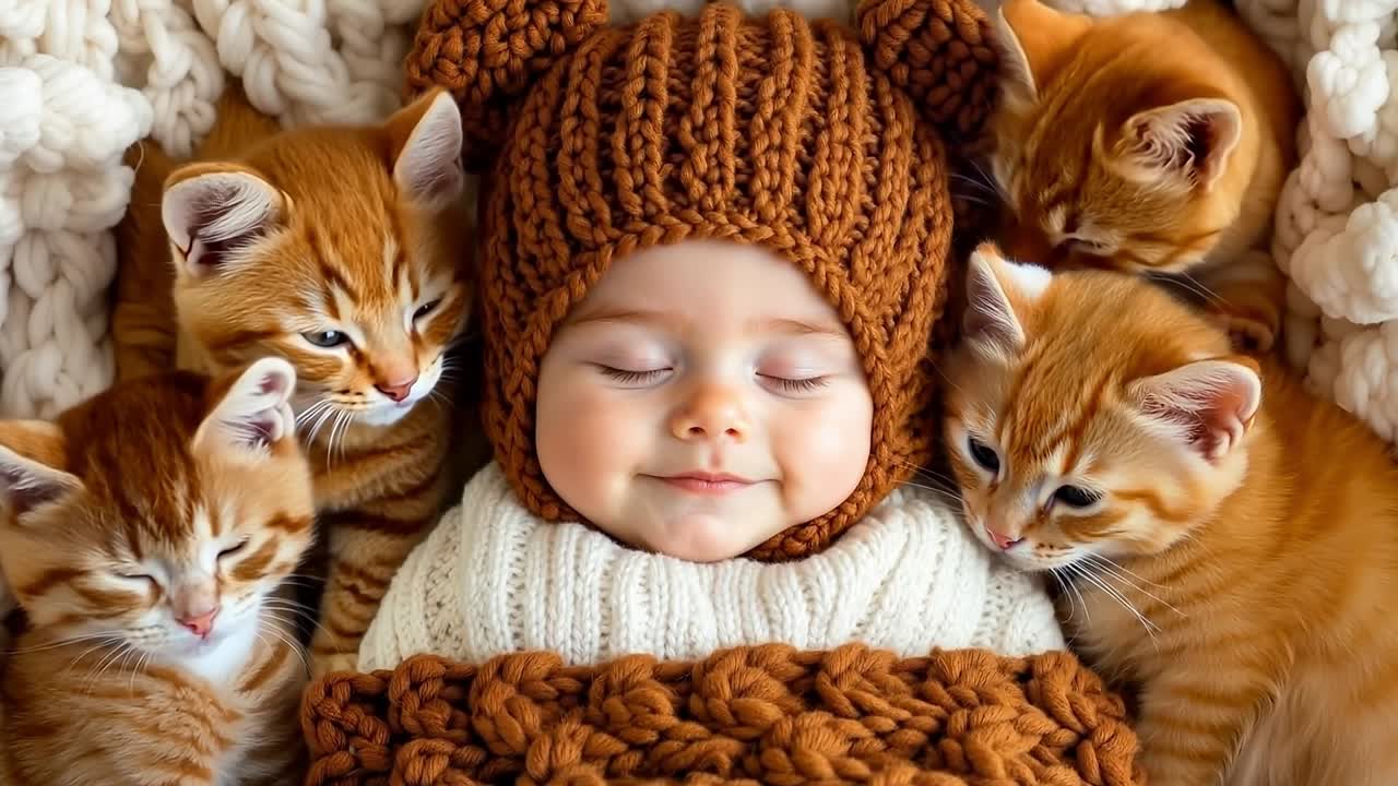 A baby in a knitted hat surrounded by kittens
