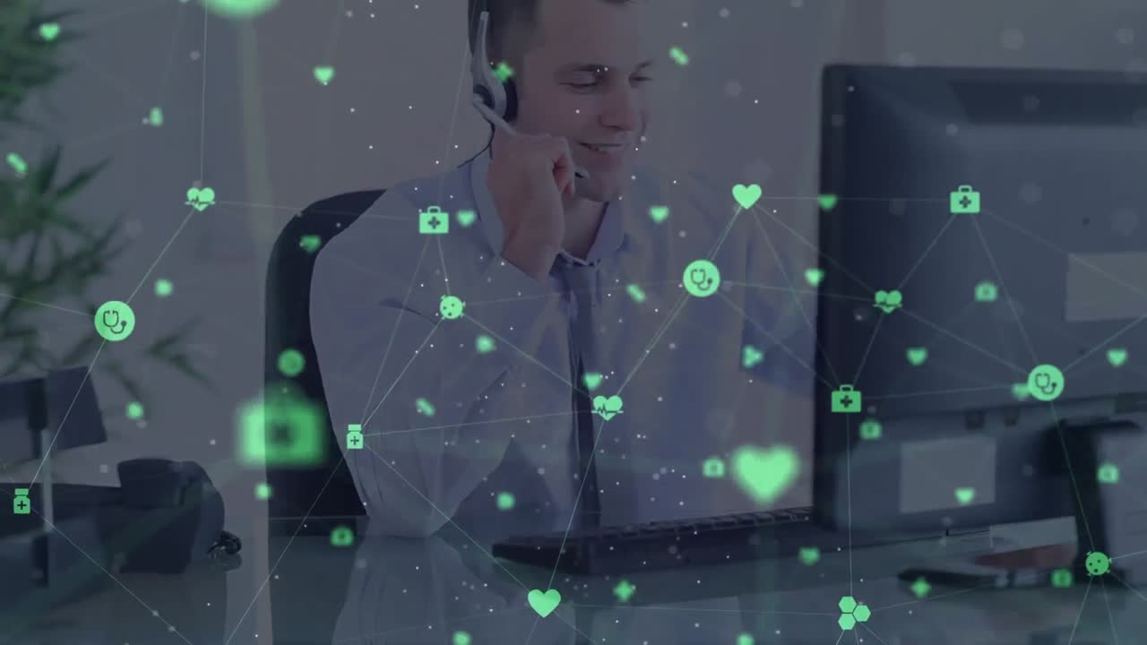 animación de la red de conexiones e iconos sobre un hombre de negocios con auriculares