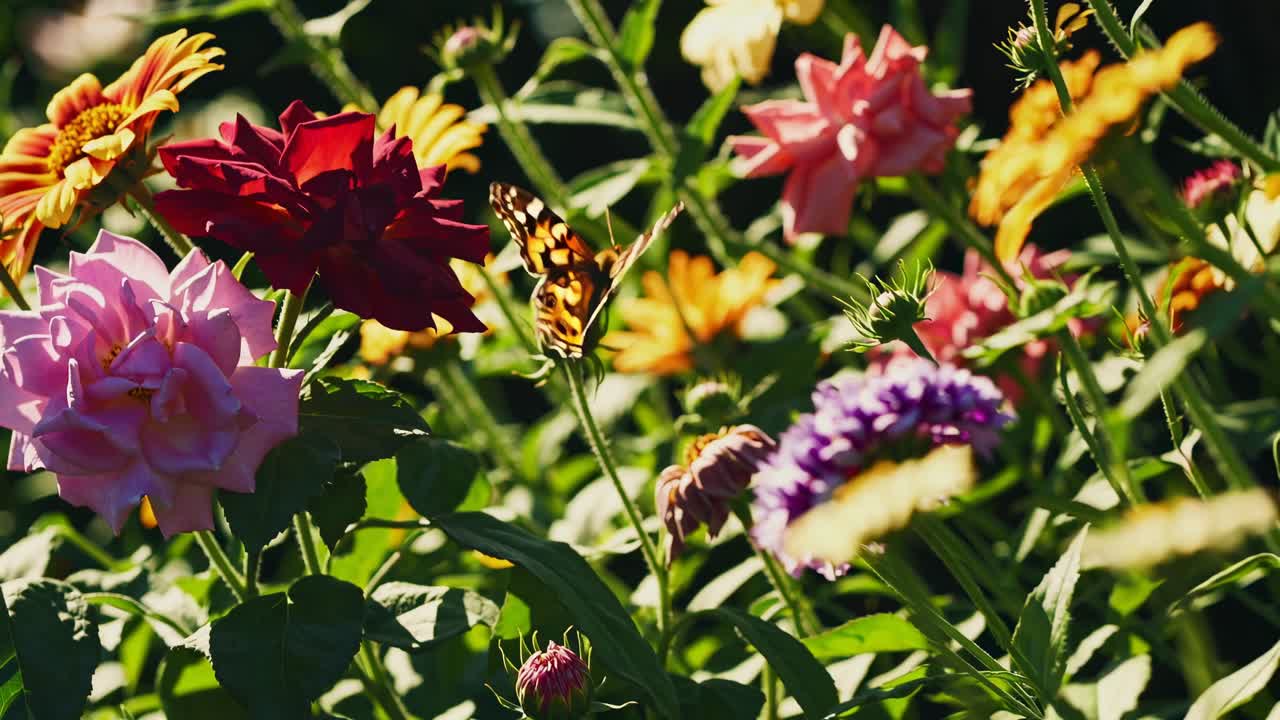 Vibrant garden flowers in full bloom, captured in a close-up, low-angle shot