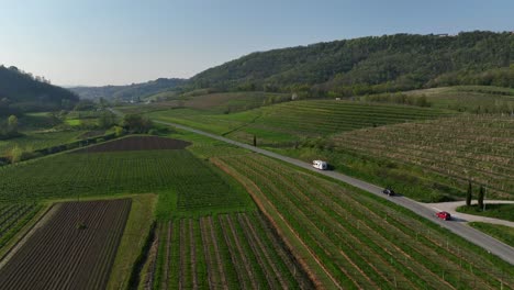 vehicles travel along a road cutting through lush green agricultural fields in the countryside