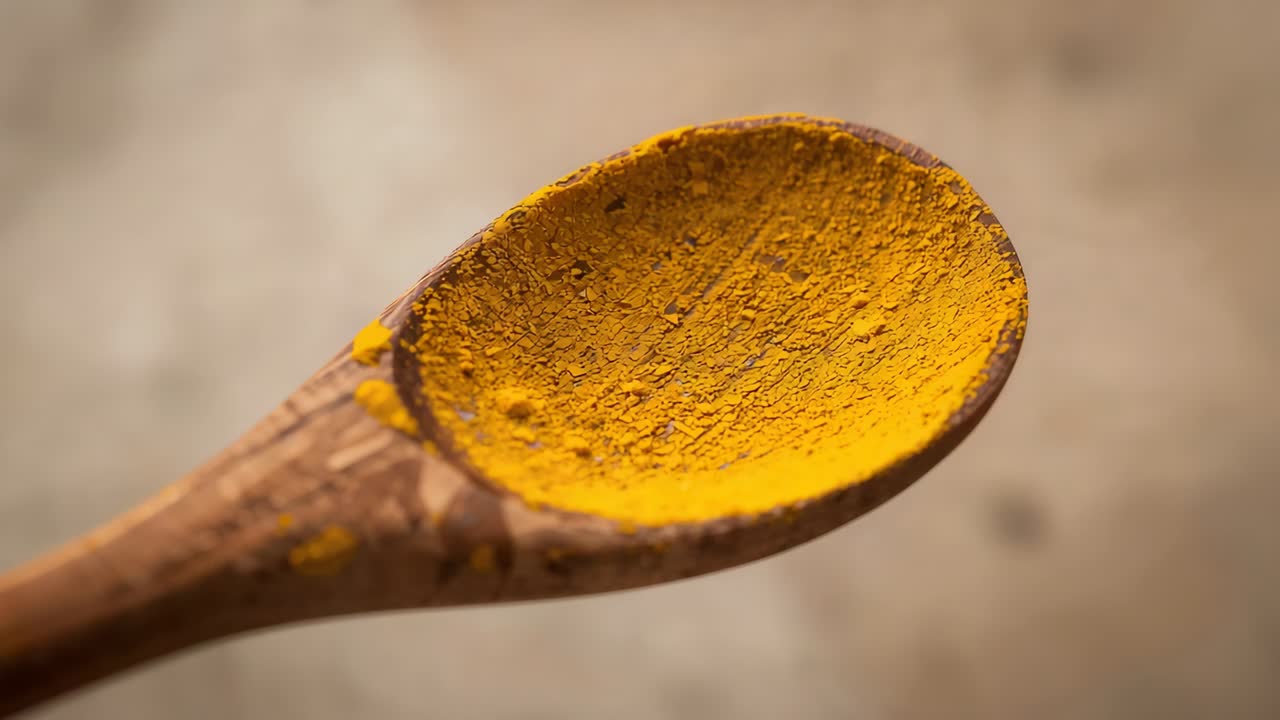Die Kamera bewegt sich und enthüllt eine Nahaufnahme eines Holzlöffels auf der Arbeitsplatte, der eine leuchtend gelbe Pulvertextur zeigt.