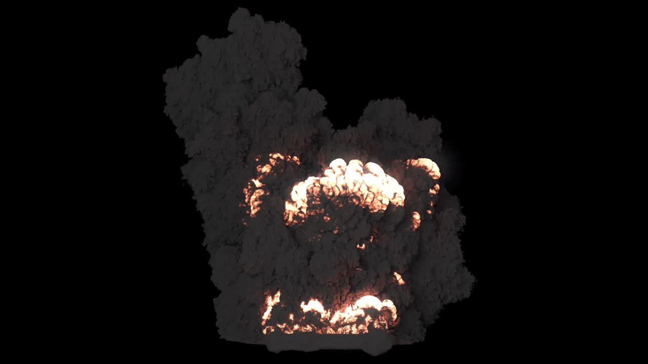 두꺼운 검은 연기가 있는 가연 연료의 거대한 폭발, 알파 채널이 있는 고립된 배경에서 검은 연기를 가진 폭발, 연료 또는 폭발물의 폭발.