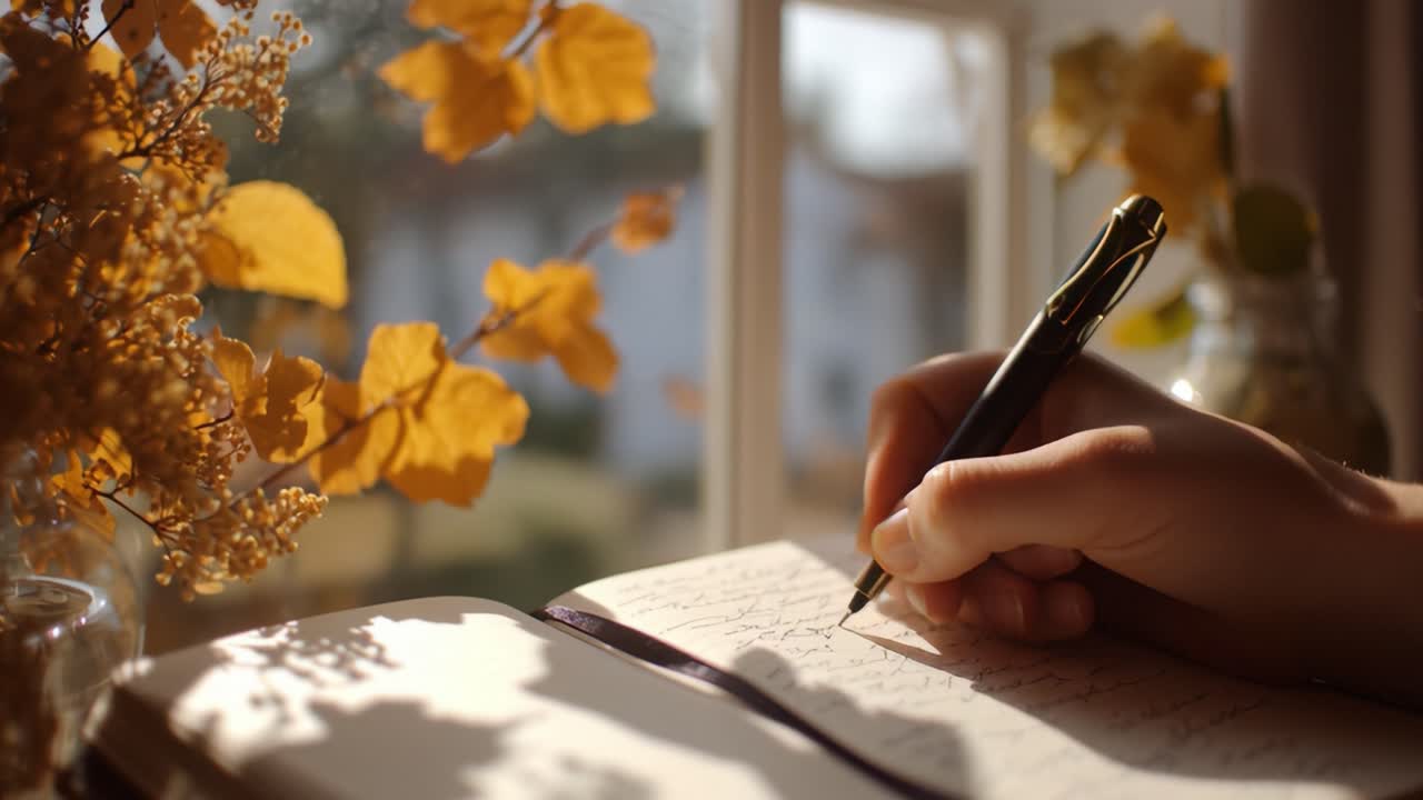 A Tranquil Moment: Writing in a Notebook Beside a Sunlit Window with Autumn Leaves, Capturing the Essence of Reflection and Creativity