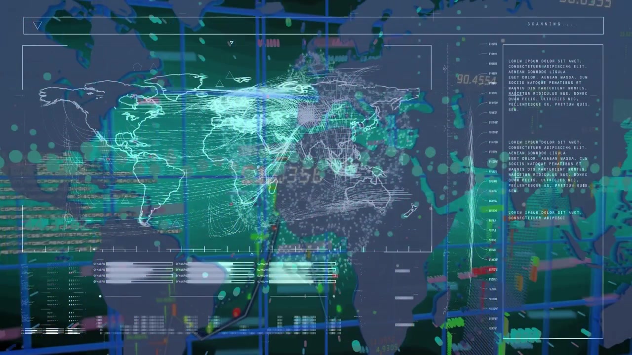 Digital World Map Interface with Data Visualization and Network Connections
