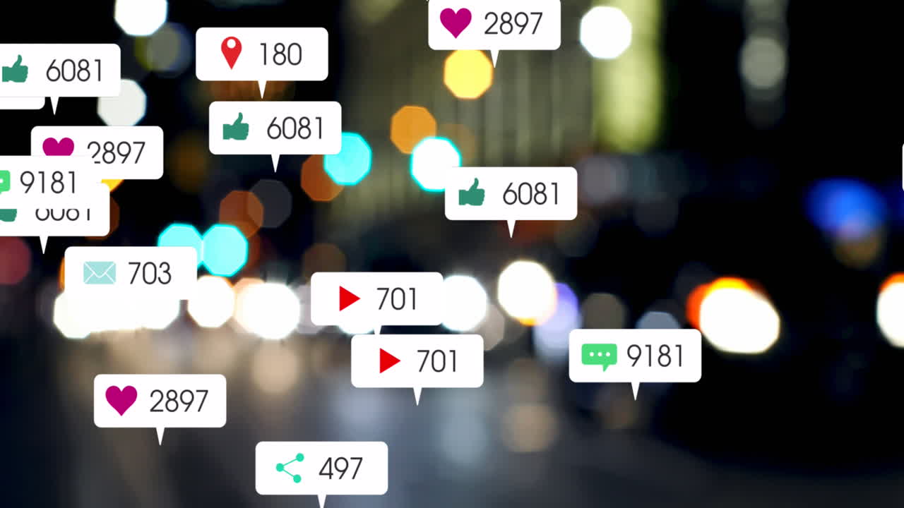 소셜 미디어 아이콘과 숫자의 애니메이션 초점이 맞지 않는 도시 불빛