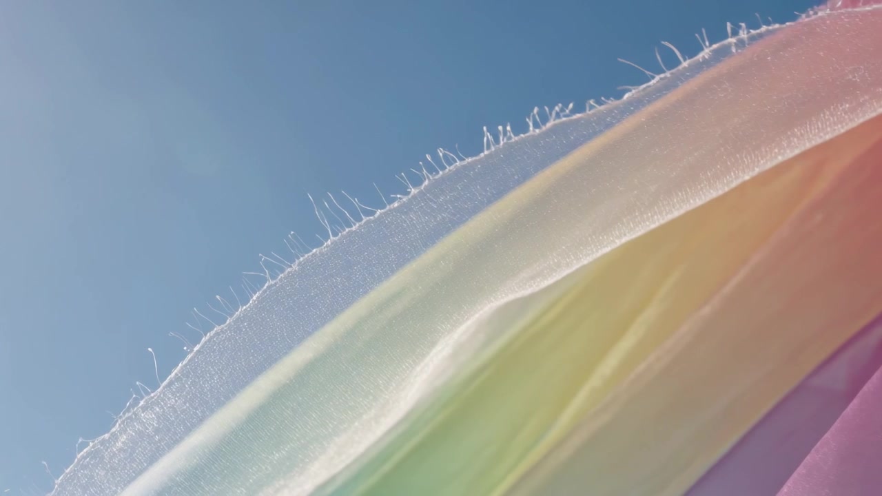 澄み切った空を背景に風を受けてたなびく、軽やかなパステルカラーの薄いスカーフ。繊維質の縁とレンズフレアが見える。