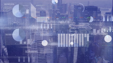 Animation of multiple texts and infographic interface over cityscape in background