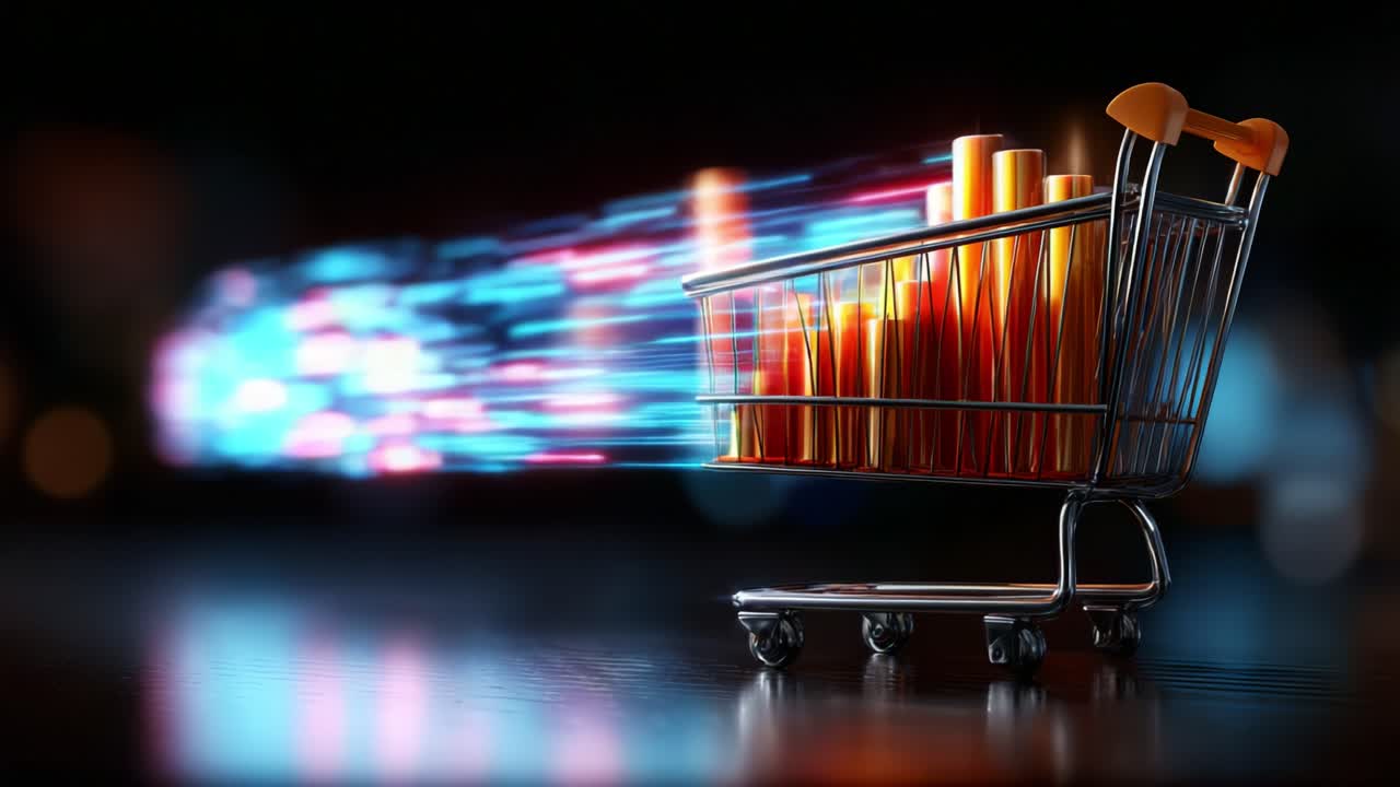 Dynamic Shopping Cart with Colorful Products in Motion, Representing Speed and Modern Consumerism in a Digital Era of Fast-Paced Retail Experiences