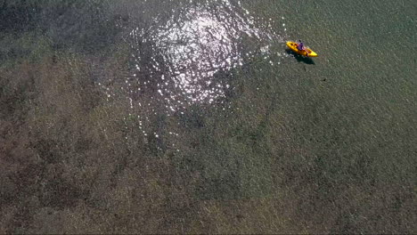 A-high-aerial-over-a-woman-paddling-a-kayak-across-Lake-Tahoe