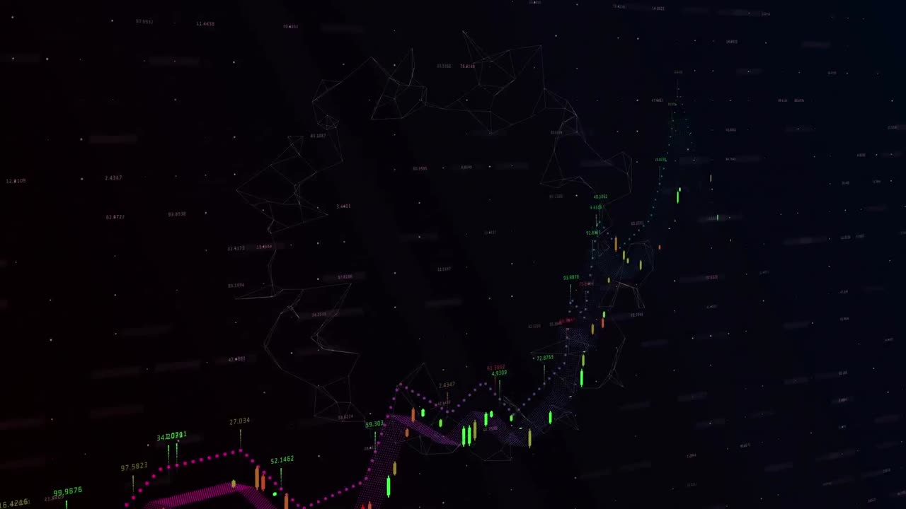 animación del procesamiento de datos en un gráfico de líneas de colores, sobre un fondo negro