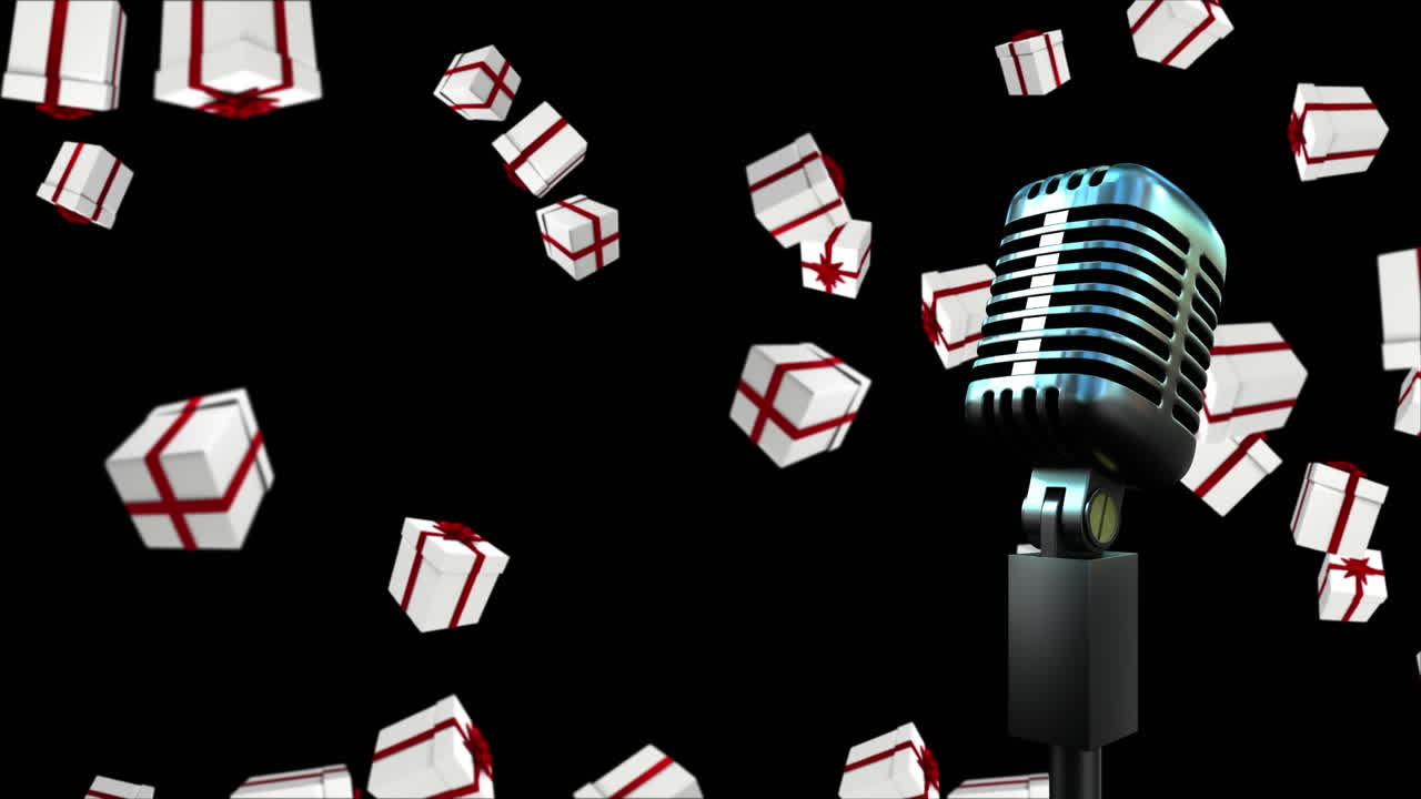 블랙 배경 에 떨어지는 크리스마스 선물 과 함께 빈티지 마이크 의 애니메이션