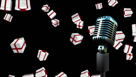 animation of vintage microphone with christmas presents falling on black background