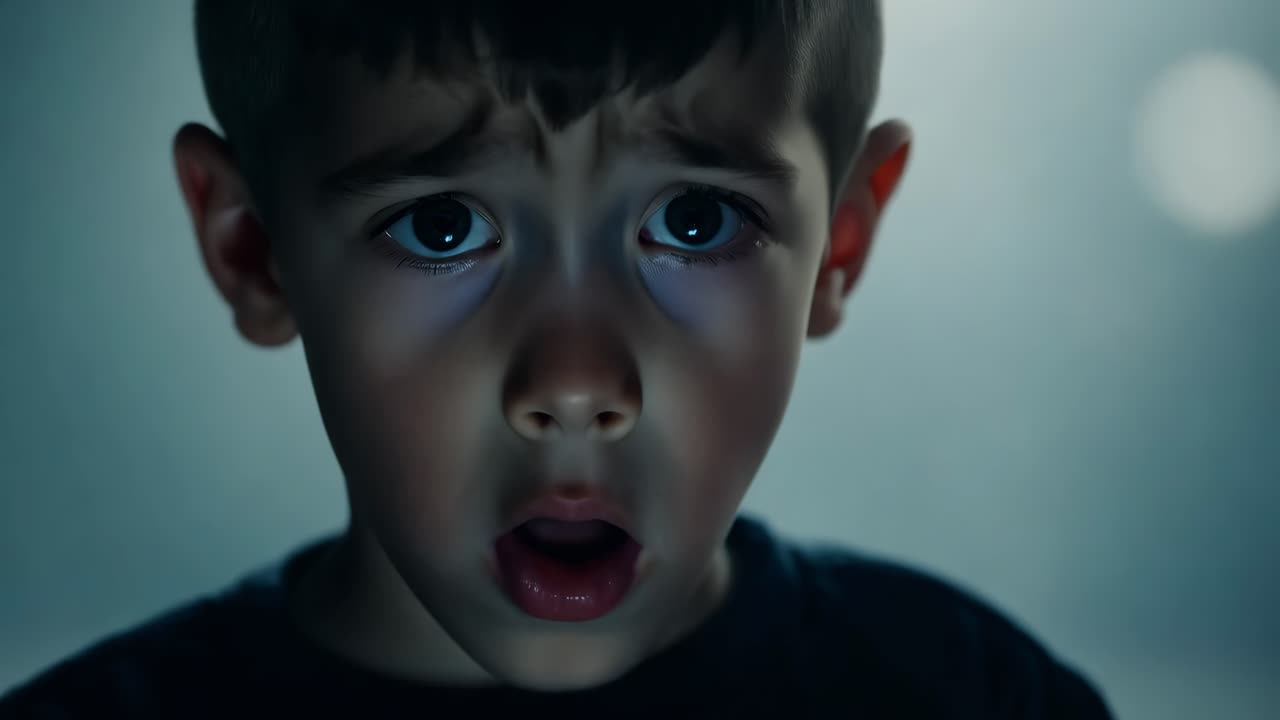 Young Boy with a Scared or Surprised Expression in Low Light