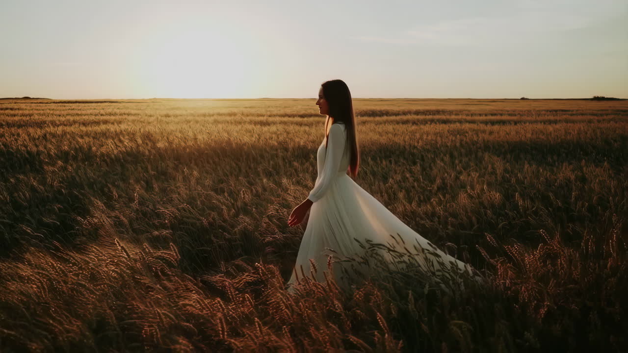 Woman in white dress walking through a wheat field at sunset | Premium ...