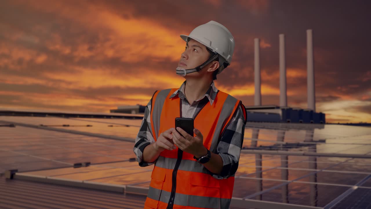 Asian Male Engineer With Safety Helmet Using Smartphone And Looking Around While Standing, Inspecting Solar Panels on Rooftop at Sunset