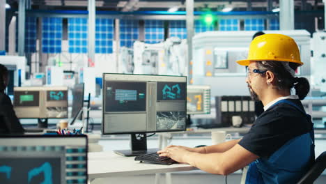 photovoltaics factory engineer wearing yellow hardhat analyzing data on pc