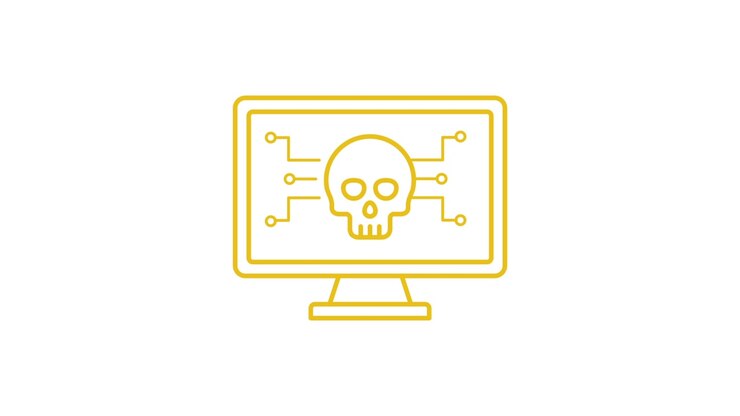 Monitor di computer animato che mostra un'icona di sicurezza informatica con teschio e circuito