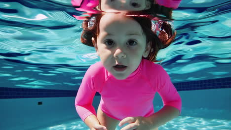 young girl swimming underwater in a bright blue pool