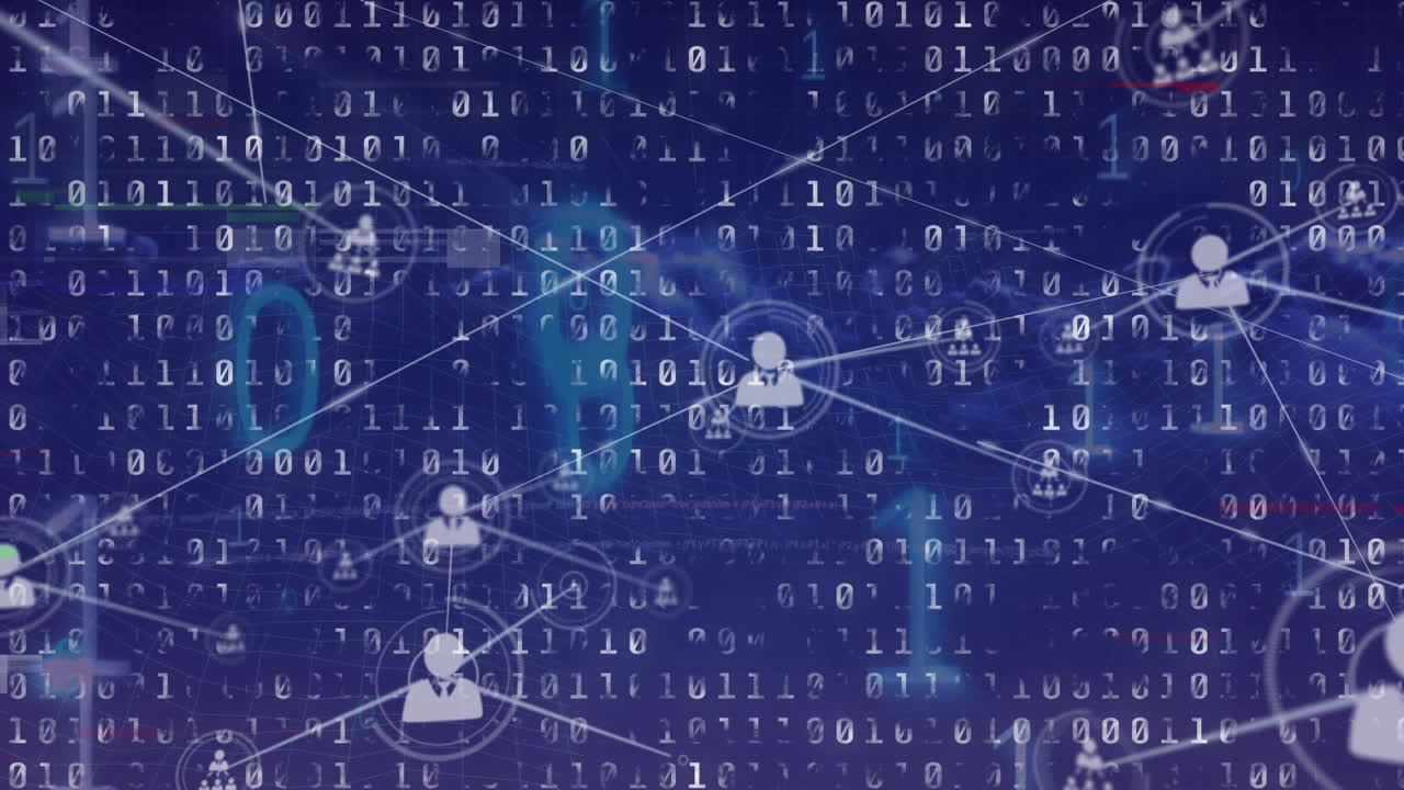 animación de la red de conexiones con personas iconos sobre procesamiento de datos de codificación binaria