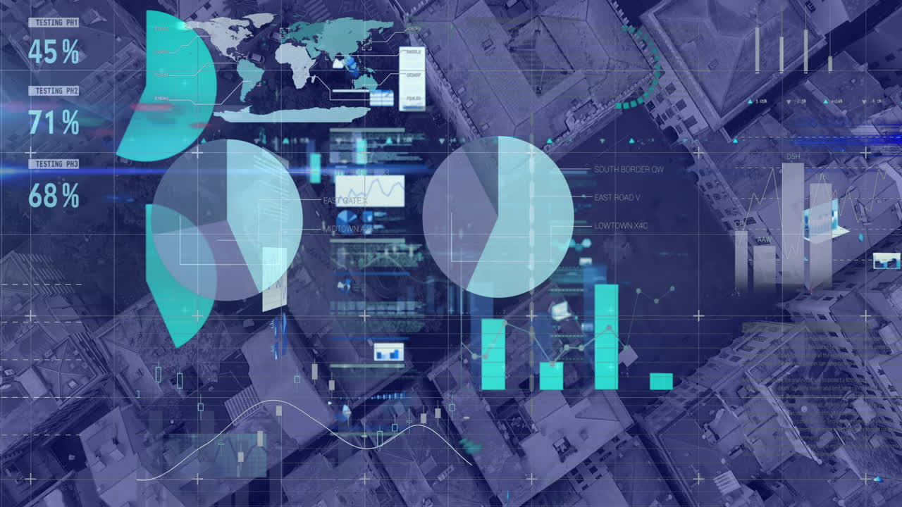 Video of financial data processing over cityscape