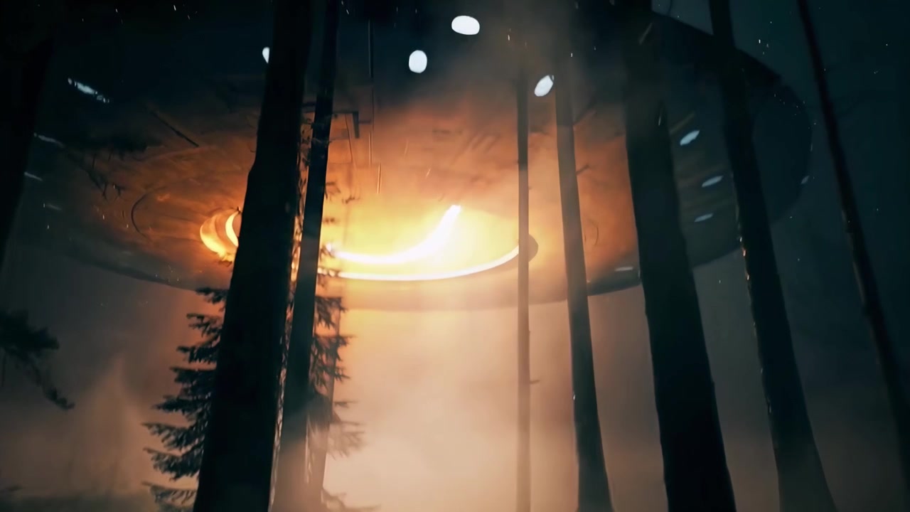 UFO vznášející se nad mlžným lesem v noci
