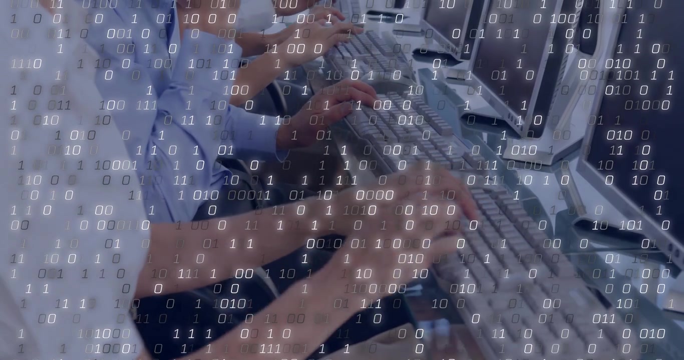 When binary digits drifting into frame three developers typing on keyboards visualizing data flow
