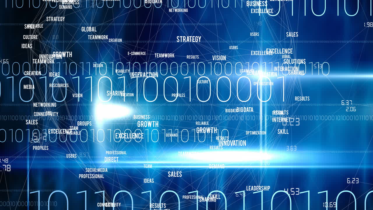 Animation of network of connections with digital words over binary coding in background