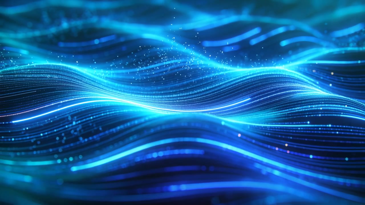 Animating luminous wave strands waving across 3D scene, simulating data stream with specks