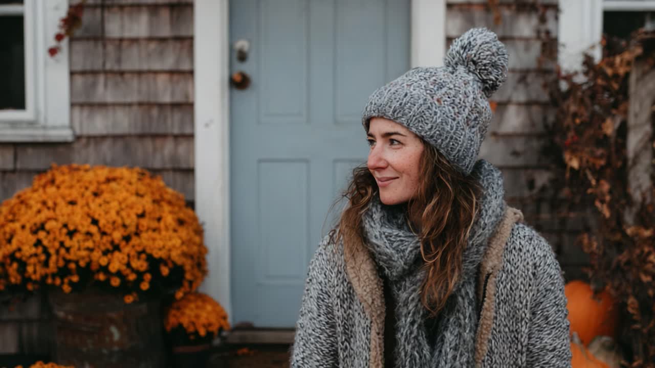 A Cozy Autumn Scene Featuring a Woman in Warm Knitwear, Smiling Cheerfully Against a Backdrop of Vibrant Fall Flowers and a Charming Doorway