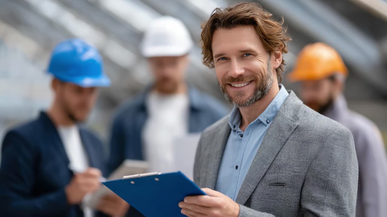 Smiling Professional Holding Clipboard at Construction Site with Team in Background, Showcasing Collaboration and Leadership in an Engaging Workplace Environment