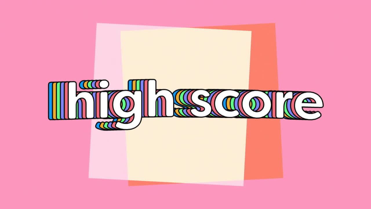 Highscore text animation over colorful geometric shapes on pink background