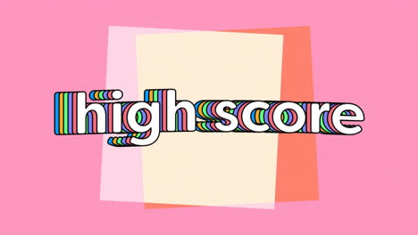 Highscore text animation over colorful geometric shapes on pink background