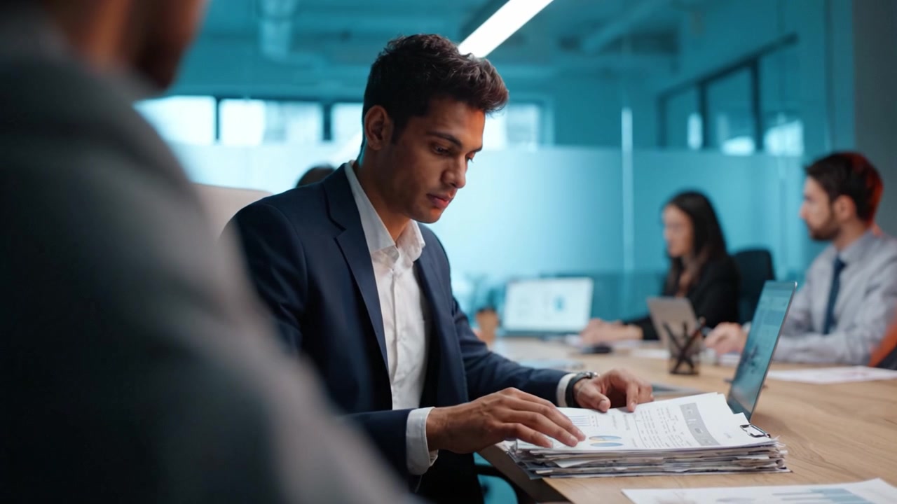 Focused Professional Reviewing Documents in Modern Office Setting, Engaged in Collaborative Work with Colleagues Amidst an Organized Workspace