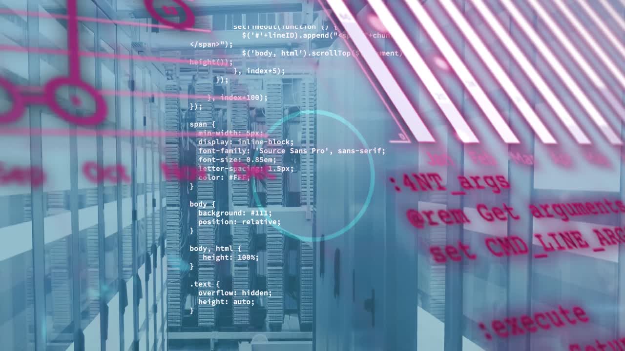 컴퓨터 서버  위의 빛 트레일에 대한 통계 데이터 처리의 애니메이션